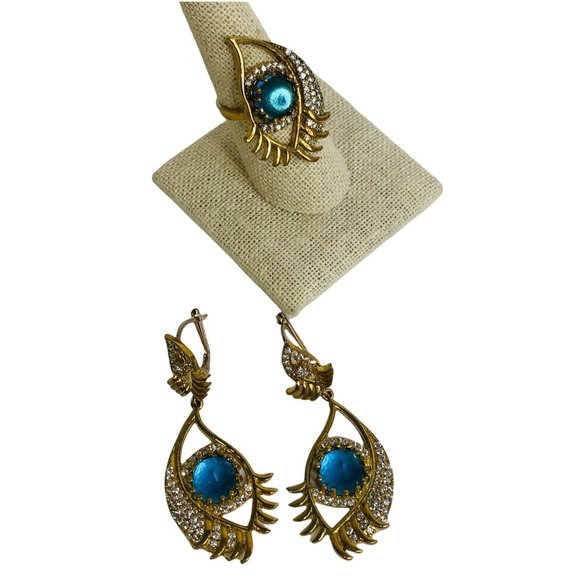 Turkish Handmade 925 Sterling Hamsa Blue CZ Stone Women's Earrings Ring Set New - Picture 2 of 6